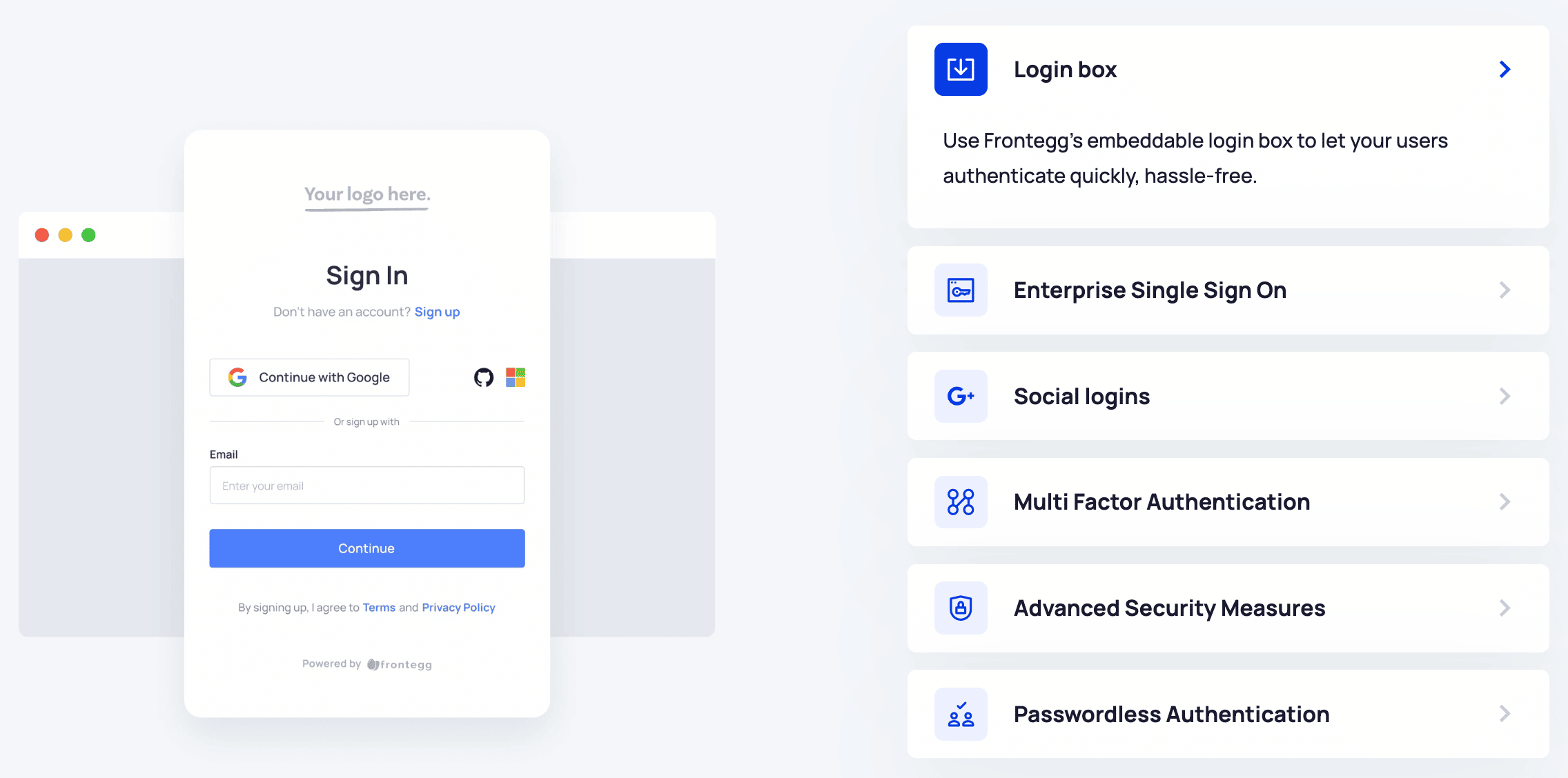A login screen with options for Google sign-in and email entry is shown, alongside a sidebar highlighting customer identity and access management features like single sign-on, social logins, MFA, security, and passwordless authentication.