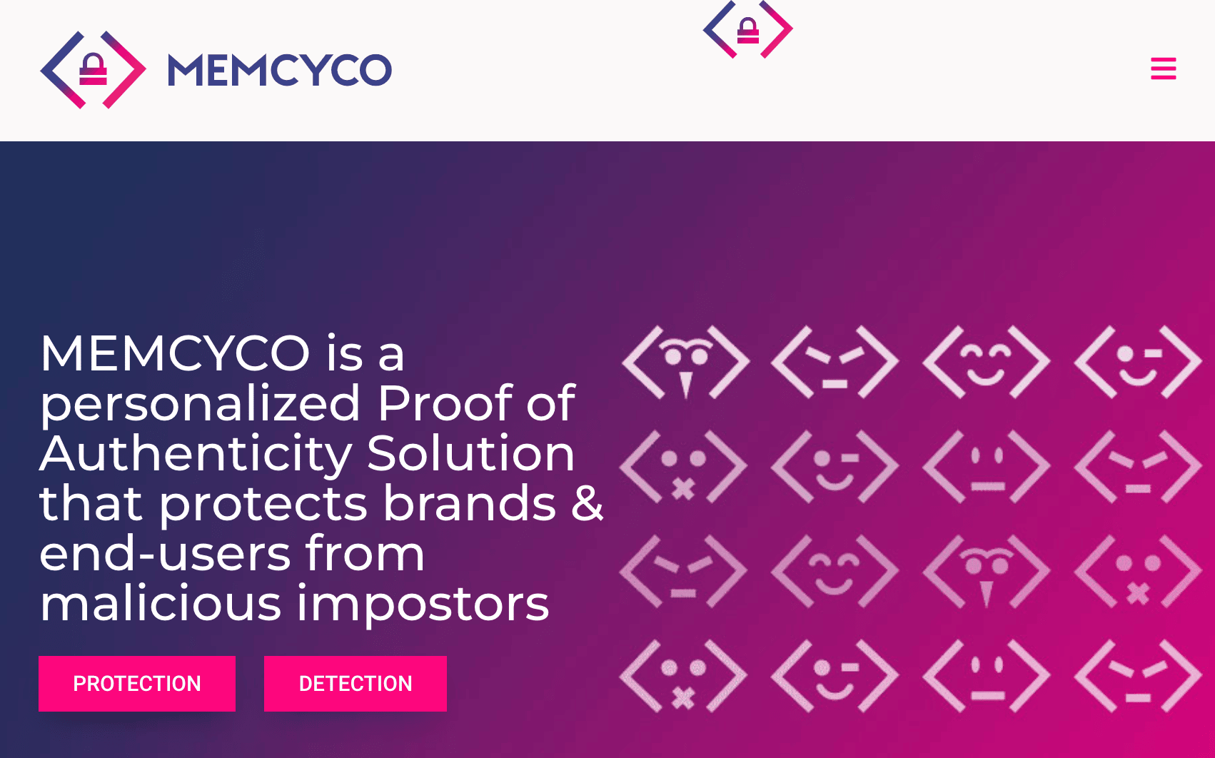 Screenshot of MEMCYCO website featuring a slogan about proof of authenticity solution, customer Identity and access management options, protection and detection buttons, and smiley face code icons on a purple-pink gradient background.
