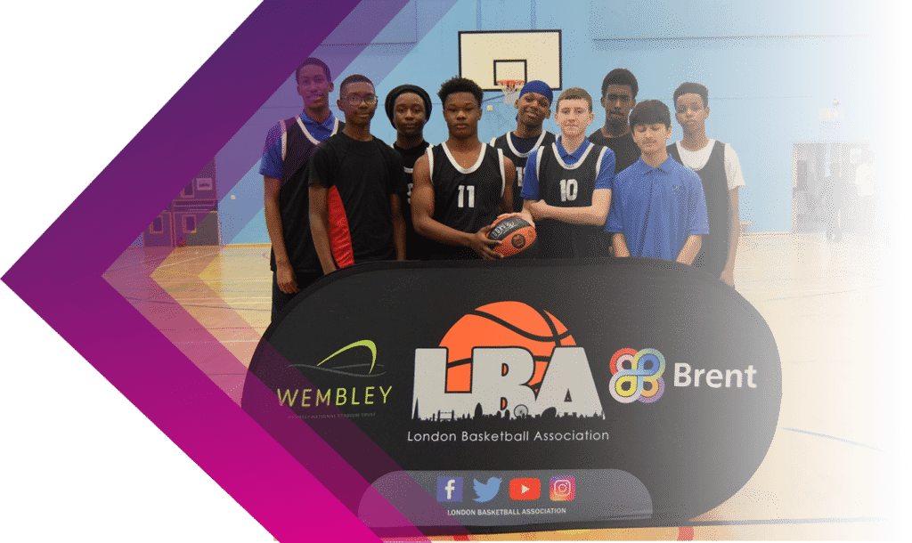 A group of young basketball players pose in a gym behind a sign for the London Basketball Association, featuring Wembley and Brent logos—a moment captured for the MEMCYCO Case Study.