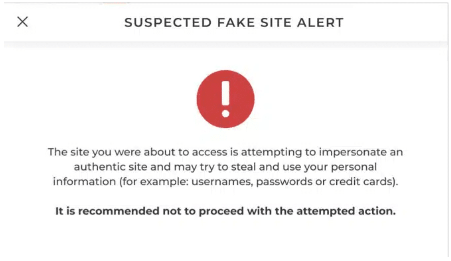 A warning screen with a red exclamation mark alerts users of a suspected fake site and advises not to proceed due to potential risks like stolen personal information or clickjacking attacks.