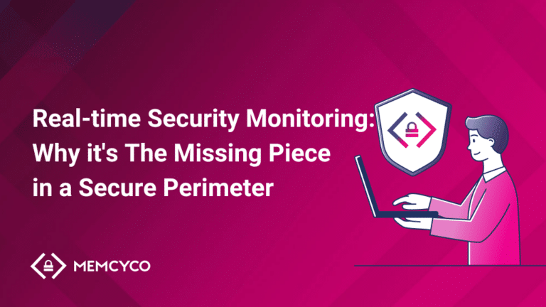 Illustration of a person using a laptop with a security shield icon, alongside the text "Real-time Security Monitoring: The Missing Piece in Building a Secure Perimeter.