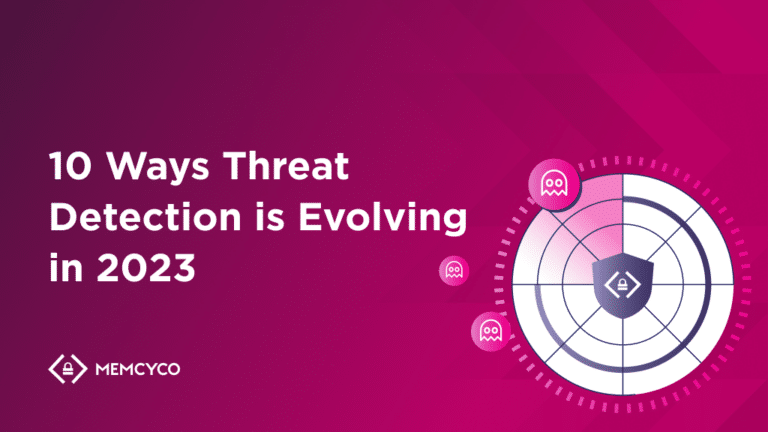 A graphic featuring the text "10 Ways Threat Detection is Evolving in 2023," a radar with ghost icons, and the MEMCYCO logo set against a pink geometric background, highlighting advances in Threat Detection.