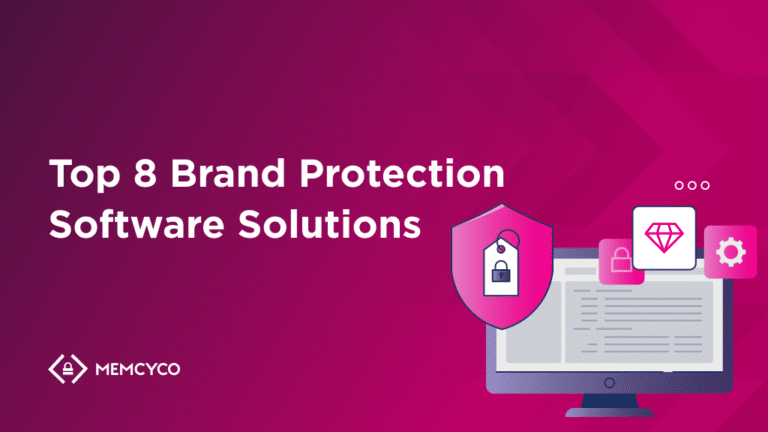 A computer monitor with security and software icons beside the text "Top 8 Brand Protection Software Solutions" on a pink gradient background, highlighting leading Brand Protection Software options.