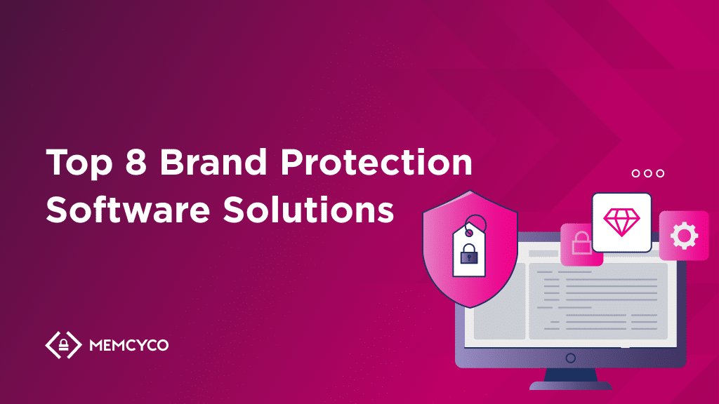 A computer monitor with security and software icons beside the text "Top 8 Brand Protection Software Solutions" on a pink gradient background, highlighting leading Brand Protection Software options.