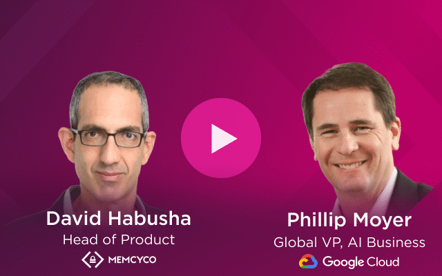 Split-screen graphic with David Habusha, Head of Product at Memcyco, and Phillip Moyer, Global VP for AI Business at Google Cloud, on a purple background. A play button sits in the center, hinting at a discussion on AI in cybersecurity and digital fraud prevention.