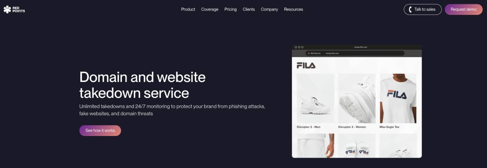 Discover top domain takedown services on our website homepage, featuring a demo request button and an image highlighting counterfeit FILA product listings removed swiftly and securely.