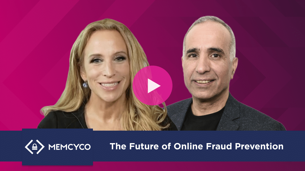 Two people stand before a pink geometric background with a play button overlay. Text reads: "MEMCYCO – The Future of Cybersecurity and Online Fraud Prevention.