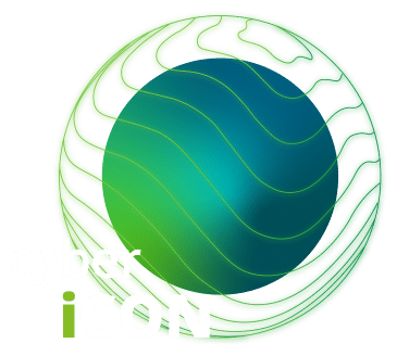 Abstract circular graphic with green and blue gradients, wavy lines, and the text "cyber iCON" in white and green at the bottom left—perfect for showcasing Cybericon2024.
