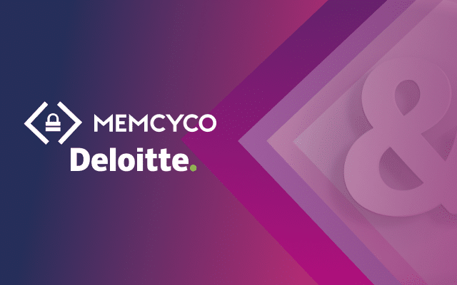 Logos of Memcyco and Deloitte are displayed on a purple and pink gradient background with geometric shapes featured on the right side.