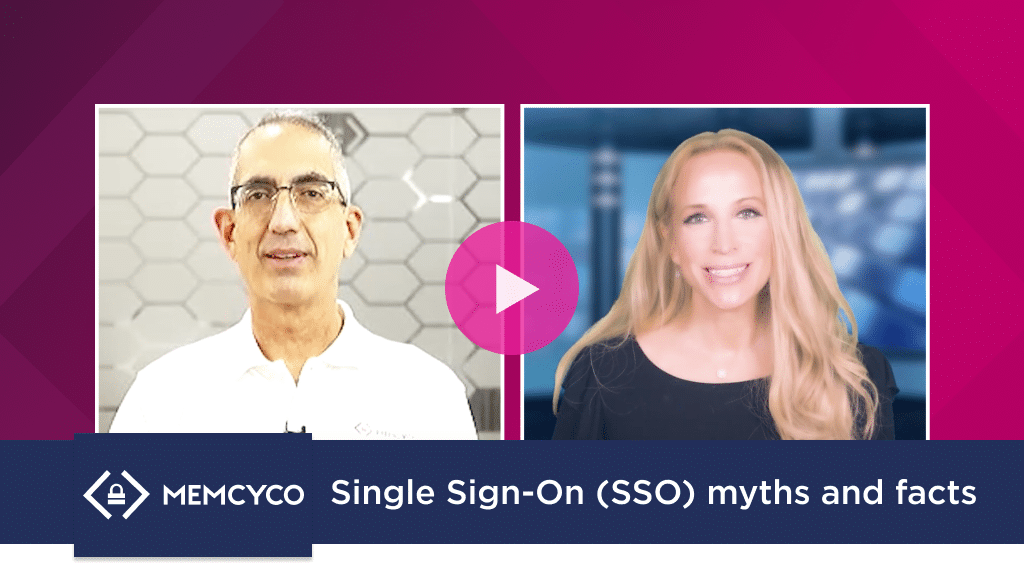 A man and woman with text about SSO facts on a vibrant purple background.