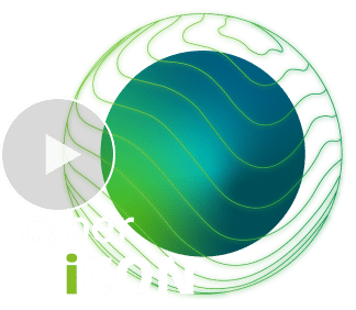 A stylized globe with green contour lines, a play button overlay, and the text "cyber iCON" in white and green at the bottom left, representing a collaborative approach to cybersecurity in the digital era.