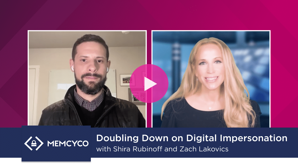 A split-screen video call features a man on the left and a woman on the right, promoting a discussion titled "Doubling Down on Digital Impersonation" by Memcyco, focusing on the threats of online identity theft.