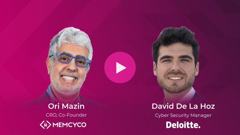 Ori Mazin of Memcyco and David De La Hoz of Deloitte discuss cybersecurity against a pink geometric background, highlighting the importance of a collaborative approach in today’s digital era. A play button appears in the center.