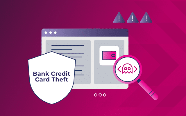 Illustration showing a shield labeled "Bank Credit Card Theft," a web page with a credit card icon, warning symbols, and a magnifying glass revealing a ghost—depicting the risks of bank credit card theft online.