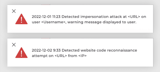 Two security alerts show detection of an impersonation attack on a user and a website code reconnaissance attempt, each with date, time, and details—providing valuable insights for the Threat Intelligence Lifecycle.