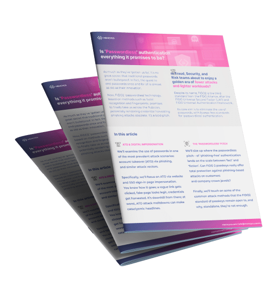A stack of three informational brochures, with the top one titled “Is ‘Passwordless’ authentication everything it promises to be?” displayed prominently in pink and white—perfect for your next Survey Landing Page.