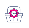 Icon of a shopping basket with a pink gear labeled "CPG" in the center, symbolizing consumer packaged goods in retail and E-commerce.