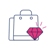 Outline of a backpack with a pink geometric diamond shape in front of it, emitting three accent lines—perfect for representing Retail or E-commerce brands.