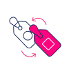 Two price tags, one outlined in blue and one filled in pink, are shown with arrows indicating an exchange or switch between them—a visual representation often seen in retail or E-commerce scenarios.