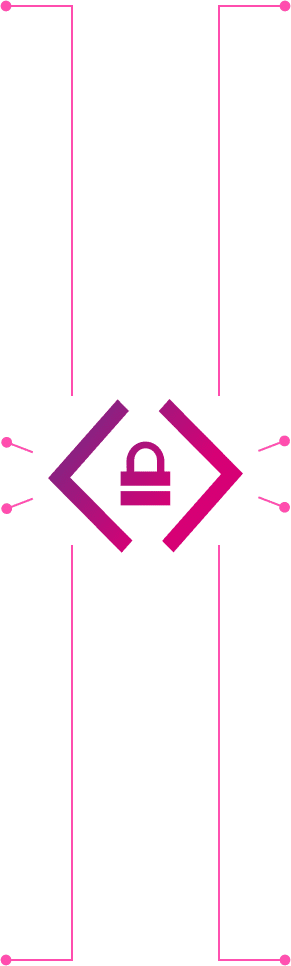 A padlock icon enclosed in code brackets, with lines and dots extending outward, symbolizing cybersecurity or secure coding for E-commerce and Retail platforms.