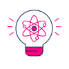 A light bulb with a pink atom symbol inside, representing the concept of science or innovation—perfect for a Survey Landing Page that inspires creative research and discovery.