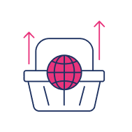 A shopping basket with a pink globe inside and two upward-pointing arrows above it, symbolizing e-commerce growth and the expanding reach of global retail.