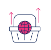 Illustration of a shopping basket with a globe inside and two upward arrows, symbolizing e-commerce growth and the rising impact of global retail.