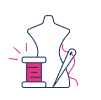 Outline of a dress form with a large spool of thread and needle with red thread beside it, representing sewing or tailoring in the context of retail or e-commerce fashion.
