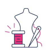 A simple illustration of a dress form, a spool of thread, and a needle with pink thread—perfect for retail or e-commerce branding.