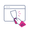 Illustration of a hand holding a scraper tool, scraping the surface of an e-commerce web browser window.