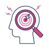 Outline of a human head with a magnifying glass focusing on a target and lightning bolt, symbolizing headache or mental focus—ideal for a survey landing page about health or stress. Red lightning marks accentuate the pain points.