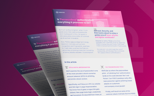 Three digital security article pages with a purple gradient background, focusing on passwordless authentication, FIDO2 standards, and protection against credentials phishing in cybersecurity.