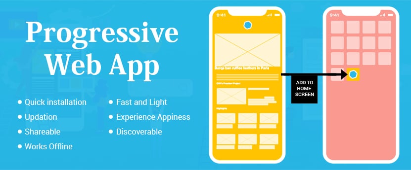 Illustration of Progressive Web App features with two smartphone screens, listing benefits like quick installation and offline use—while also highlighting The Invisible Risk of Mobile Apps: PWA Fraud and How to Prevent It.