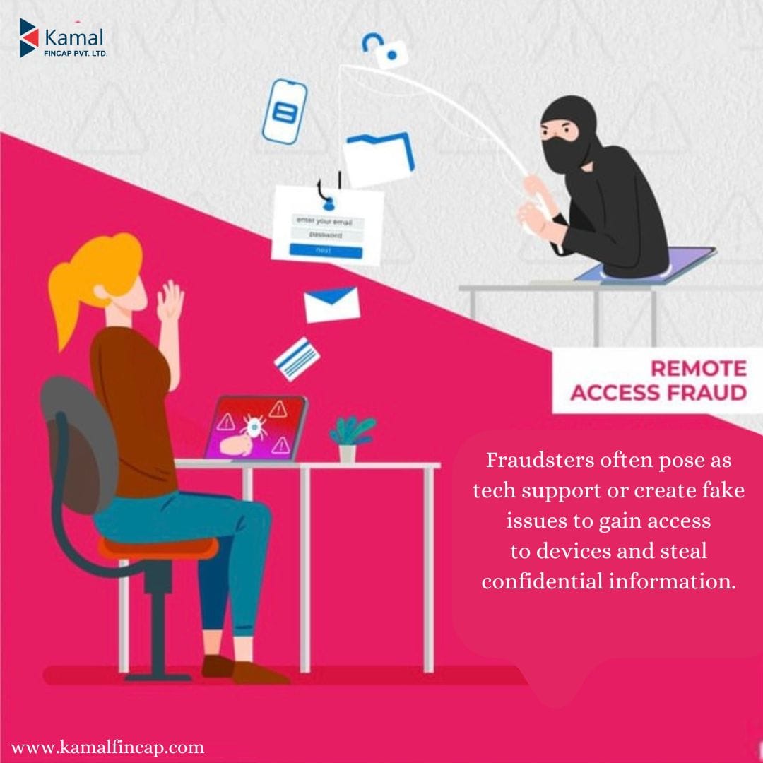 Illustration of a masked individual hacking a computer remotely while a woman sits at a desk; text warns about tech support scams, remote access fraud, and the importance of device fingerprinting for ATO fraud prevention.