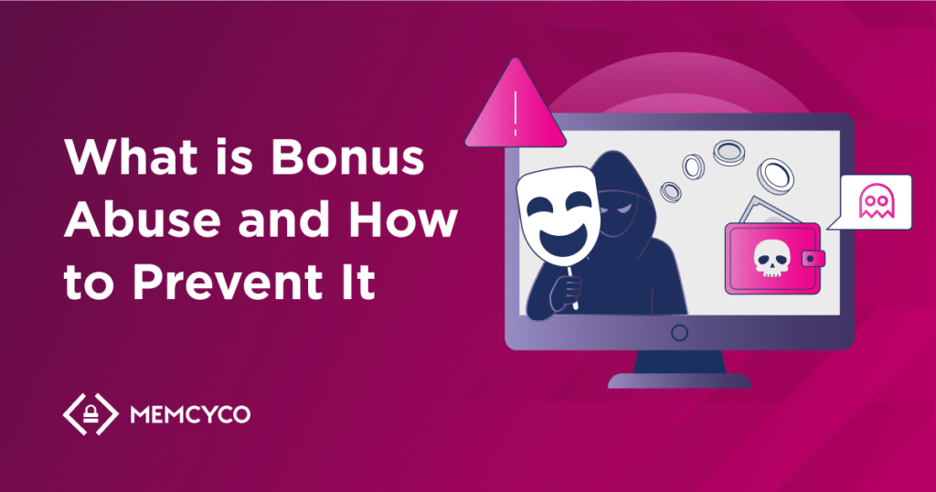 Illustration showing a masked figure and wallet with coins on a computer screen, with the text "Bonus Abuse: What is It and How to Prevent It" on a pink background.