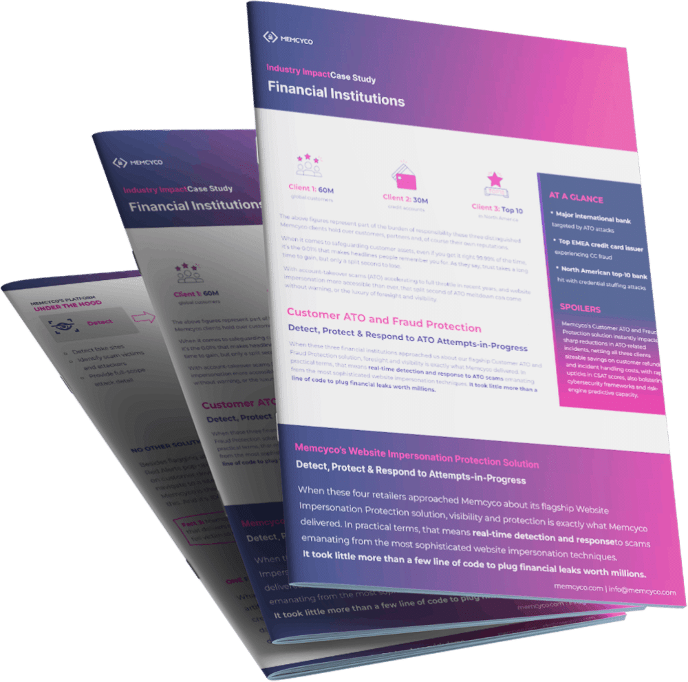 Three stacked case study brochures titled "Financial Institutions" with purple and pink gradient covers, featuring statistics, highlights, and sections on fraud protection—ideal for Digital Business teams focused on account takeover prevention.