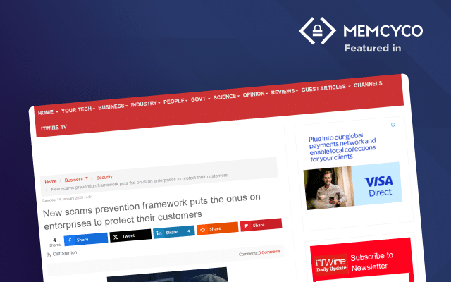 A news article on ITWire TV discusses a new scams prevention framework for enterprises; the page features advertisements and Memcyco's logo with "Featured in" text, highlighting enhanced security for customers.