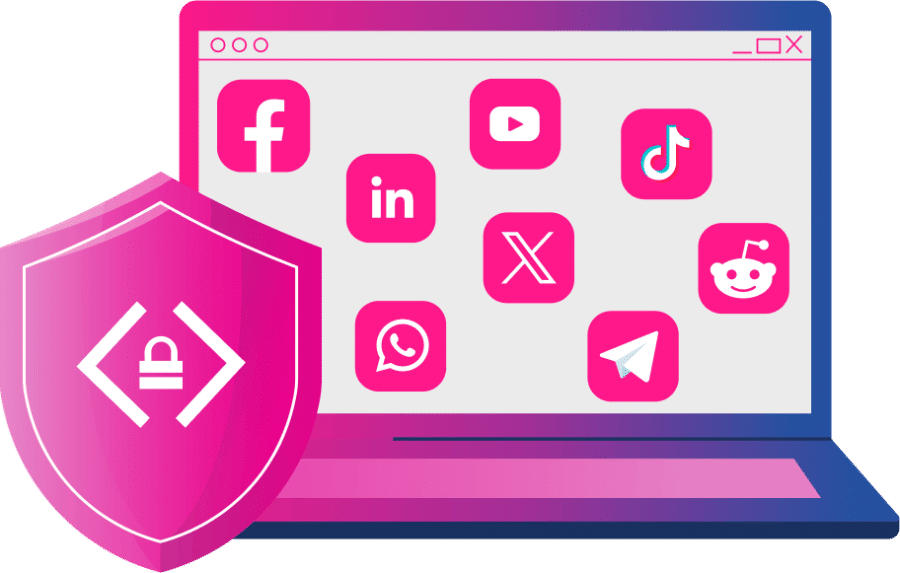 Illustration of a laptop displaying icons of various social media platforms, with a pink security shield symbol in the foreground—perfect for showcasing Digital Business teams focused on secure online collaboration.