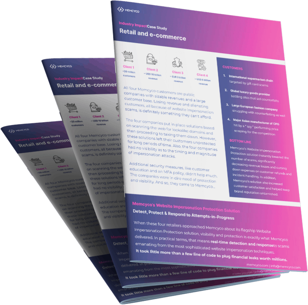 Three overlapping informational sheets with a pink and purple gradient, detailing a case study on retail and e-commerce website protection by Memcyco for Digital Business teams.