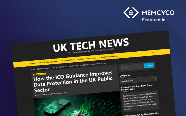 Screenshot of a UK Tech News article titled "How the ICO Guidance Improves Data Protection in the UK Public Sector," featuring a Memcyco Featured in badge at the top right.