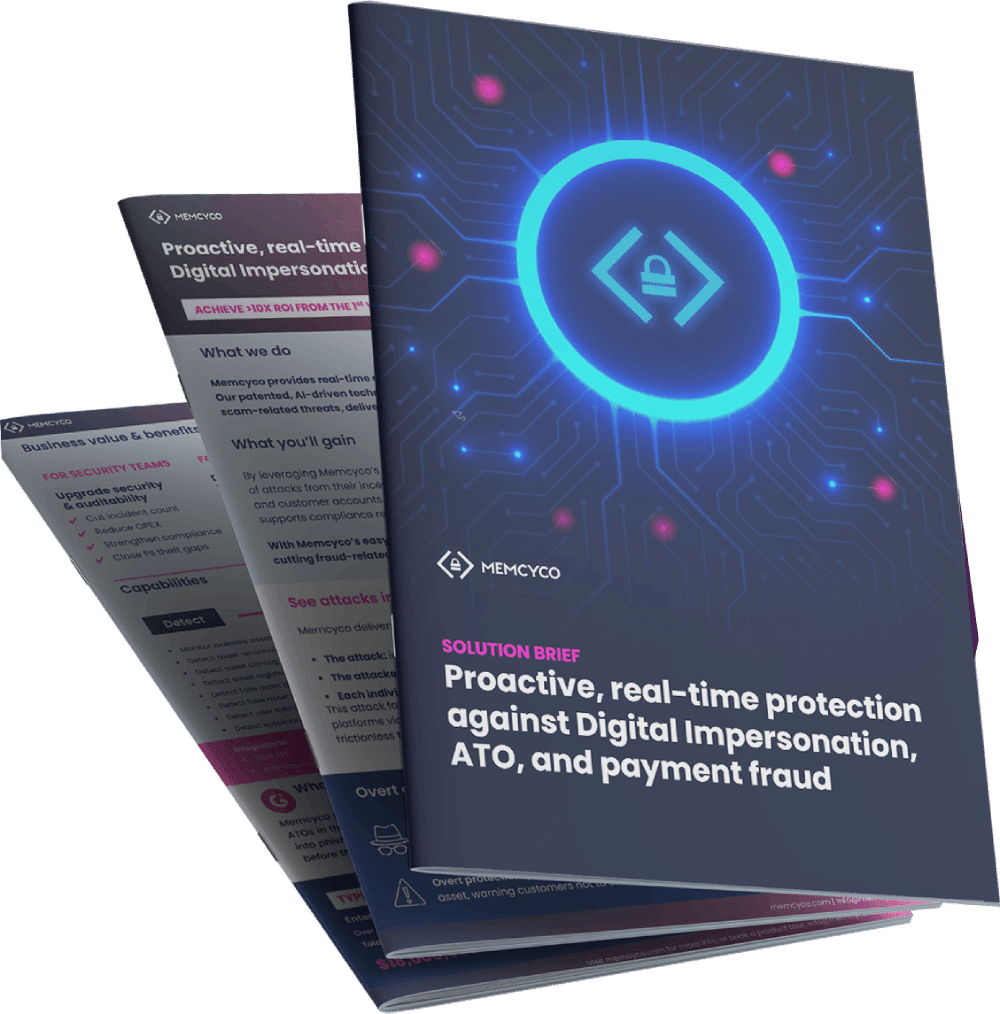 A stack of brochures titled "Proactive, real-time protection against Digital Impersonation, ATO, MiTM attacks, and payment fraud" by Memcyco, featuring a digital security-themed cover design and real-world use case insights.