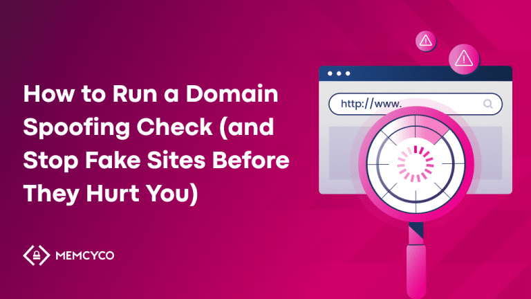 Illustration of a browser window with a magnifying glass and warning icons, alongside text about running a domain spoofing check to stop fake sites and prevent domain spoofing.
