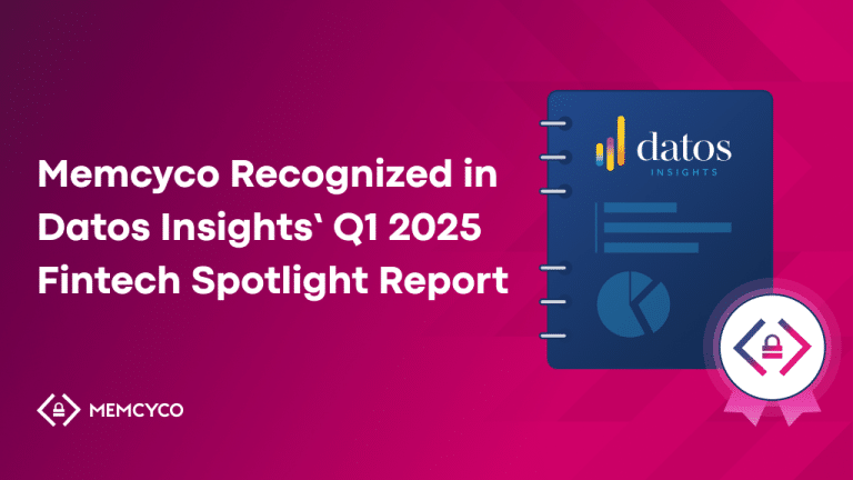A digital graphic announces Memcyco’s recognition in the Datos Insights Fintech Spotlight Report, featuring a report illustration and company logos on a pink gradient background.