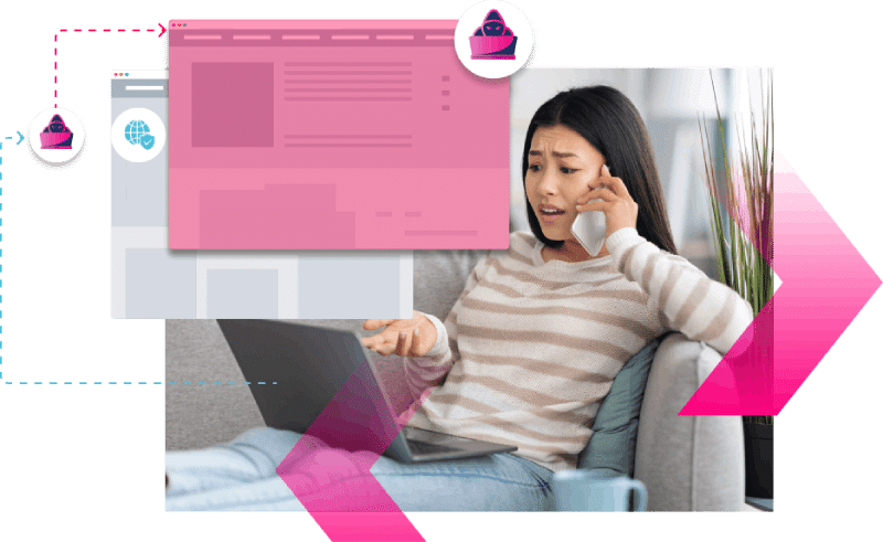A woman sits on a couch using a laptop and talking on the phone, appearing confused. Overlaid icons and graphics hint at security issues, like MiTM attacks, disrupting her email or online communication.