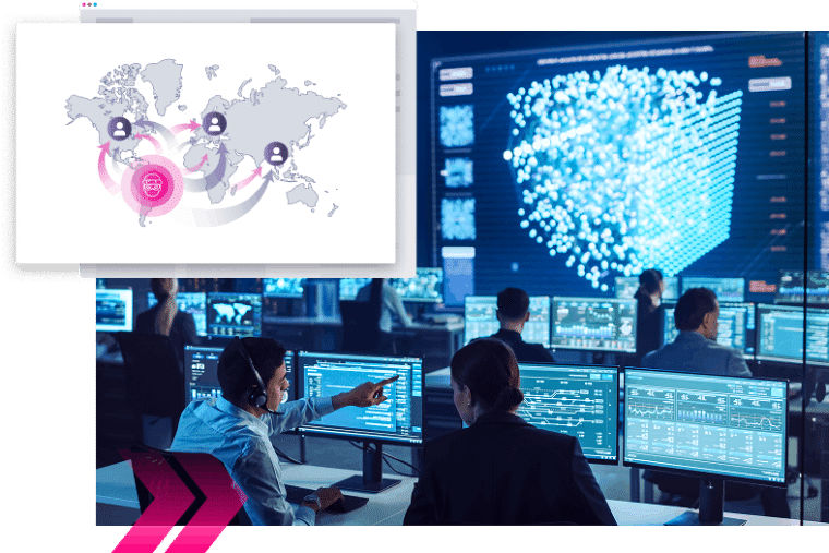 People in a control room monitor and discuss data on large digital screens, while an inset graphic highlights a global network, illustrating a MiTM use case with data connections mapped across the world.
