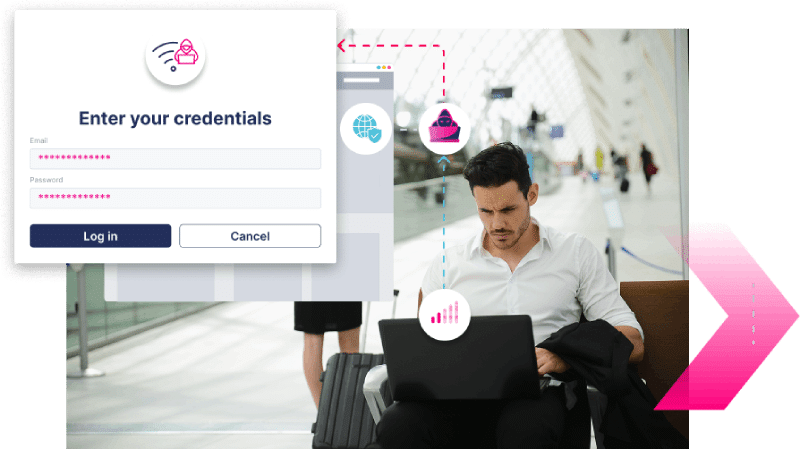 A man sits with a laptop in an airport—a common use case for potential MiTM attacks. An overlay displays a login screen requesting email and password, illustrating online credential entry.