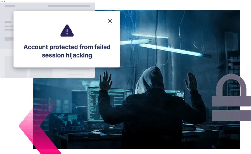 A person in a hoodie sits at a computer in a dark room, while a notification reads "Account protected from failed session hijacking"—a strong cybersecurity use case in action.
