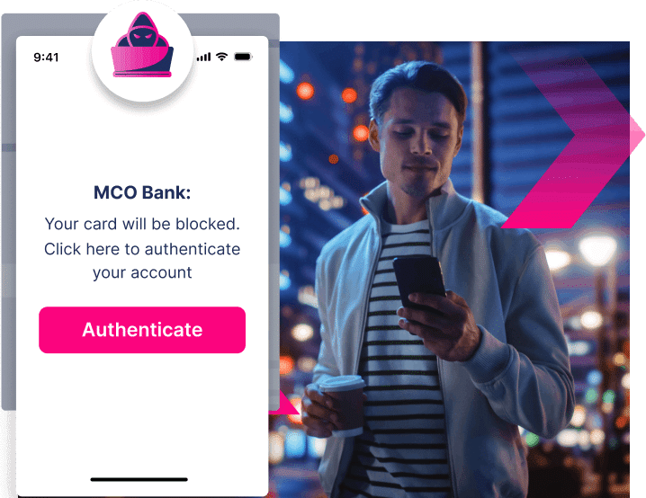 A man holding a smartphone and coffee cup stands in a city at night. A phishing message on his phone urges him to authenticate his account to avoid card block—but vigilance can help stop more ATOs and protect personal information.