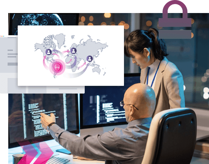 A man and a woman review computer screens displaying code and a digital world map with secure connection icons, collaborating to stop more ATOs.