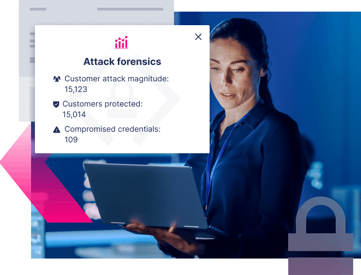 A woman holds a laptop while a screen overlay displays attack forensics data: 15,123 customer attacks, 15,014 customers protected, and 109 compromised credentials—helping businesses stop more ATOs in real time.